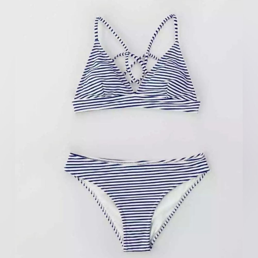 Cupshe navy and white stripped bikini with strappy back size XL
